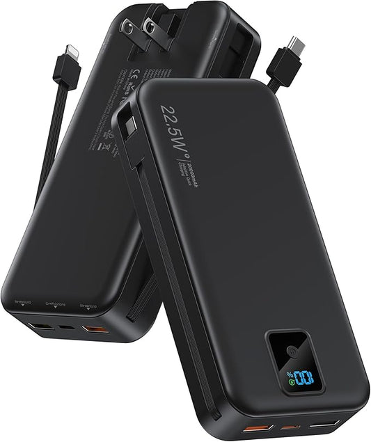 Portable Charger, 20000mAh 22.5W Fast Charging Power Bank with Built-in Cables & Wall Plug, Travel Essentials Battery Pack with LED Display, USB C External Battery Bank for iPhone iPad, Samsung Black
