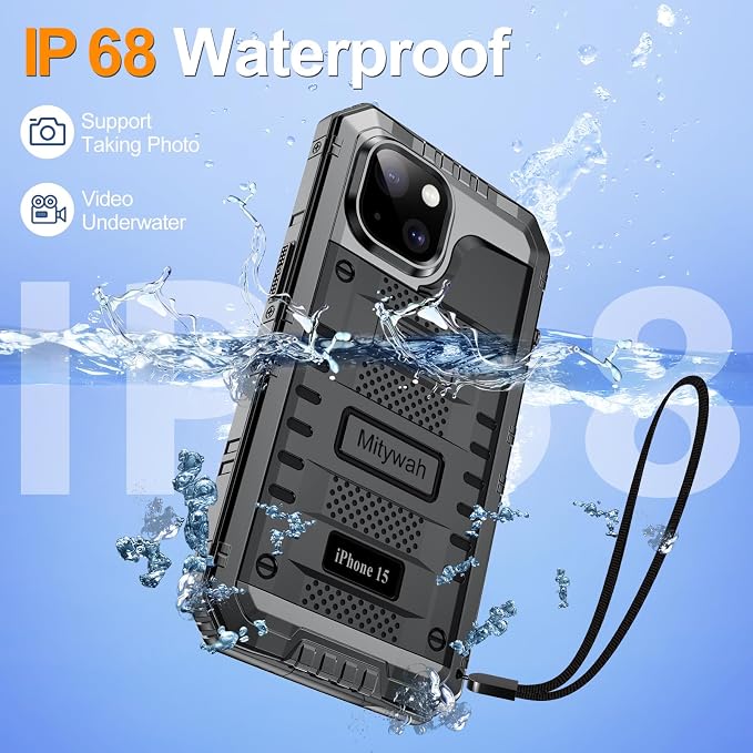 Mitywah Waterproof Case for iPhone 15, Heavy Duty Shockproof Case with Built-in Screen Protector, Full Body Underwater Protective Metal Case 6.1 inch, Black