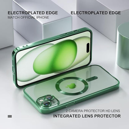 Misea Magnetic for iPhone 15 Plus Case Compatible with MagSafe [Never Yellowing] [Military Grade Drop Protection] Full Camera Lens Protector Plating Soft Clear Phone Case for Women, Green