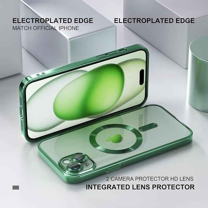 Misea Magnetic for iPhone 15 Case Compatible with MagSafe [Never Yellowing] [Military Grade Drop Protection] Full Camera Lens Protector Plating Soft Clear Phone Case for Women, Green