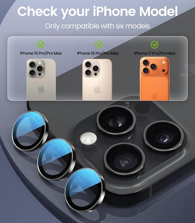 PandaShield 2-Pack Anti-Reflection Camera Lens Protector for iPhone 17/16/15 Pro & Pro Max, Easy Installation,Anti-Scratch,9H Hardness,98% Ultra Clarity,Maintains Original Lens Design- Black
