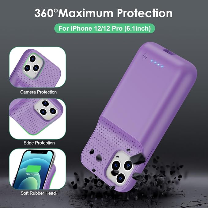 Battery Case for iPhone 12/12 Pro,[2025 Upgraded] 10800mAh Ultra-Slim Portable Extended Charger Case Cover for iPhone 12/12 Pro Charging Case (6.1 Inch)-Purple