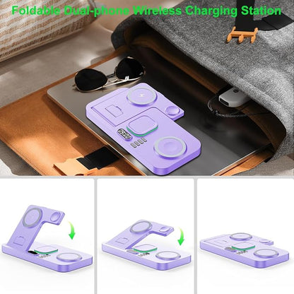 Dual Phone Wireless Charging Station for Apple Devices, Magnetic Charging Station for iPhone with Auto Switch 7-Color Light&Clock, Family Watch Charger for iPhone17 for iWatch11 for AirPods Pro3(Lilac
