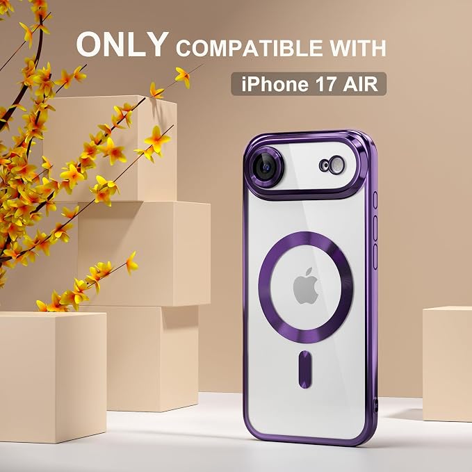 Misea Magnetic for iPhone 17 Air Case Compatible with MagSafe [Never Yellowing] [Military Grade Drop Protection] Full Camera Lens Protector Plating Soft Clear Phone Case for Women, Deep Purple