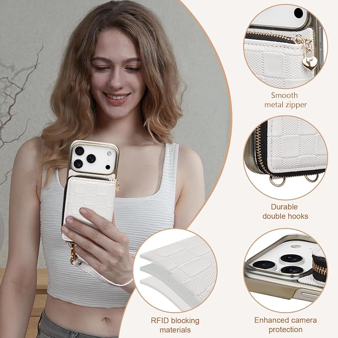 Keallce for iPhone 17 Pro 6.3'' Wallet Case, Crossbody Zipper Purse with 4 Card Slots RFID Blocking, Lanyards & Wrist Straps, Flip Leather Folio Cover with Kickstand for iPhone 17 Pro, White