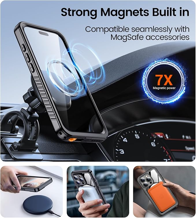 Temdan Magnetic for iPhone 16 Pro Max Case Waterproof,Built-in Screen Protector[IP68 Underwater][Upgrade Military Dropproof][Compatible with MagSafe] Full Body Shockproof Case-Black