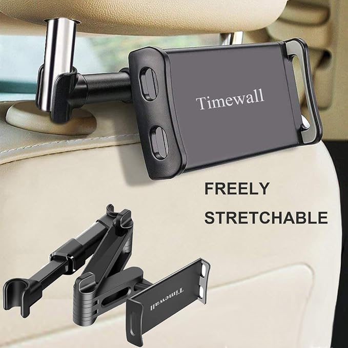 Timewall Car Headrest Tablet Mount, Backseat Seat Universal Cell Phone Holder 360 Swivel Rotating Angle Adjustable Stretchable for iPad iPhone, Samsung, Switch, 5-11" Tablet Phone Black