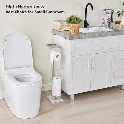Toilet Paper Holder with Tray at The Top, Sturdy Marble Base No Wobby, Holding Extra 3 Toilet Paper Rolls As Spare Use, Freestanding No Drilling (Brushed Nickel)