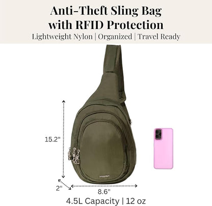 Baggallini Securtex® Anti-Theft Multi Zip Sling - Lightweight 8.6"x15.2" Travel Bag with Locking Zippers & RFID Protection