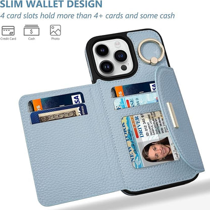 Keallce Wallet Case for iPhone 14 Pro Max 6.7'', Flip Case with Card Slots, Ring Holder Kickstand, PU Leather Protective Folio Cover for Women, Blue