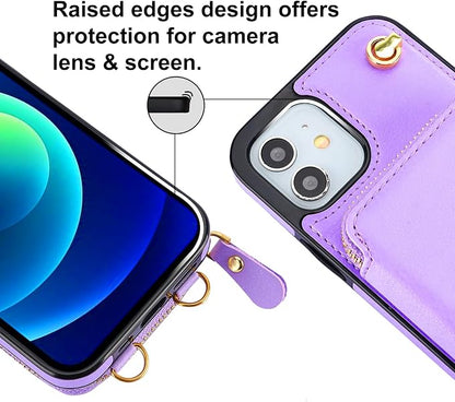 Bocasal Crossbody Wallet Case for iPhone 12/12 Pro, RFID Blocking Leather Purse Case with Card Holder, Protective Handbag Flip Cover with Zipper Wrist Strap Lanyard for Women 5G 6.1 Inch (Purple)