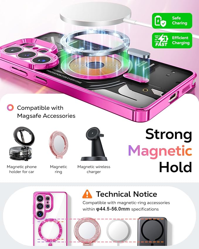 Meifigno Magnetic Case Designed for Samsung Galaxy S26 Ultra 6.9", [Compatible with MagSafe] [Removable Glitter Card & Wrist Strap], Surround Lens Protection Case for Galaxy S26 Ultra, Hot Pink