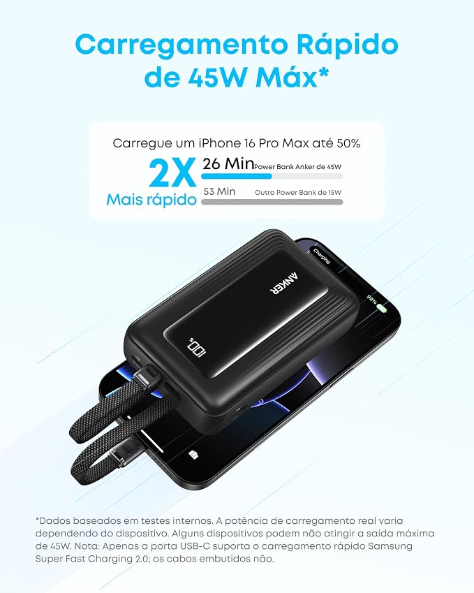 Anker Power Bank, 20,000mAh 30W Max Fast Portable Charger with Built-in USB-C and MFi Certified Lightning Cables, USB-C&A, Battery Pack for iPhone 17/16/15/14 Series, MacBook, Galaxy