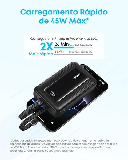 Anker Power Bank, 20,000mAh 30W Max Fast Portable Charger with Built-in USB-C and MFi Certified Lightning Cables, USB-C&A, Battery Pack for iPhone 17/16/15/14 Series, MacBook, Galaxy
