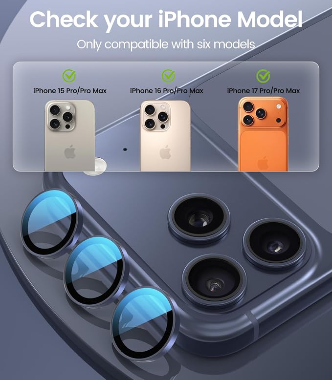 PandaShield 2-Pack Anti-Reflection Camera Lens Protector for iPhone 17/16/15 Pro & Pro Max, Easy Installation, Anti-Scratch, 9H Hardness, 98% Ultra Clarity, Maintains Original Lens Design - Blue