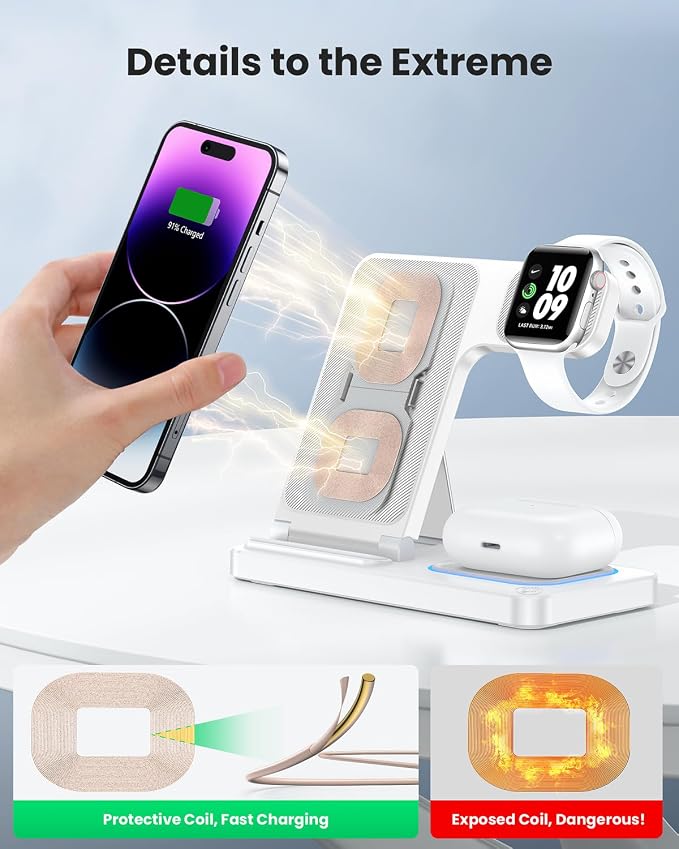 DUMTERR 3 in 1 Wireless Charger for iPhone 16/15/14/13/12/11/Pro/Max/XS, Wireless Charging Station for Apple Devices, Charging Stand for Apple Watch Series S10, for AirPods 4/3/2/Pro/Pro 2(White)