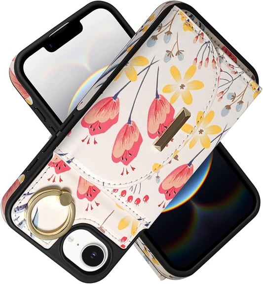 Keallce Wallet Case for iPhone 17e/iPhone 16e, Flip Case with Card Slots, Ring Holder Kickstand, PU Leather Protective Folio Cover for Women,Floral