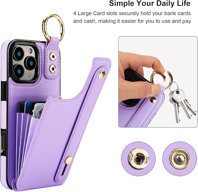 Folosu for iPhone 16 Pro Max Wallet Case with Card Holder, Hand Wrist Strap Loop Holder Kickstand, RFID Blocking Finger Grip Ring PU Leather Double Buttons Shockproof Cover 6.9" Purple