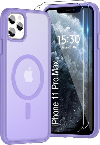 For iPhone 11 Pro Max Case [Compatible with Magsafe] Translucent Matte Magnetic Case with Screen Protector,SlimThin Shockproof Military Grade Drop Protection Cover for iPhone 11 ProMax-Light purple