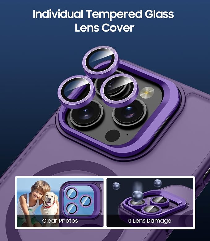 for iPhone 16 Pro Max Case, Compatible with MagSafe, Built-in Camera Ring Stand, with Individual Camera Cover, Translucent Matte Military-Grade Drop Protection Magnetic Case, Purple