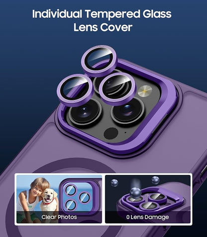 for iPhone 16 Pro Max Case, Compatible with MagSafe, Built-in Camera Ring Stand, with Individual Camera Cover, Translucent Matte Military-Grade Drop Protection Magnetic Case, Purple