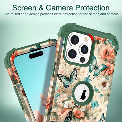 Hocase for iPhone 15 Pro Max Case, Heavy Duty Shockproof Protection Soft Silicone Rubber Bumper+Hard Plastic Hybrid Protective Case for iPhone 15 Pro Max 6.7" 2023 - Teal Green Butterflies