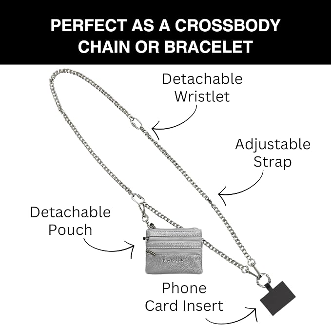 Save the Girls Clip and Go Phone Metal Chain with Pouch (Silver - Silver Pouch) – Stylish Phone Lanyard Crossbody with Wallet for Women, Hands-Free Carrying and Adjustable Crossbody Chain Strap