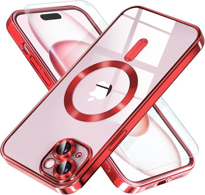 Misea Magnetic for iPhone 15 Case Compatible with MagSafe [Never Yellowing] [Military Grade Drop Protection] Full Camera Lens Protector Plating Soft Clear Phone Case for Women, Red