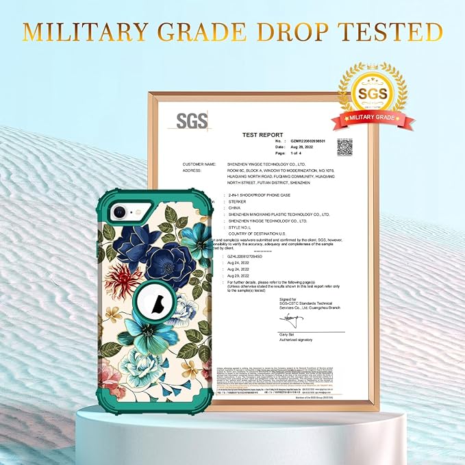 Hocase for iPhone SE 2022/2020 Case, Heavy Duty Shockproof Protection Hard Plastic+Silicone Rubber Hybrid Protective Case for iPhone SE 3rd/2nd Generation (4.7") - Teal Flowers