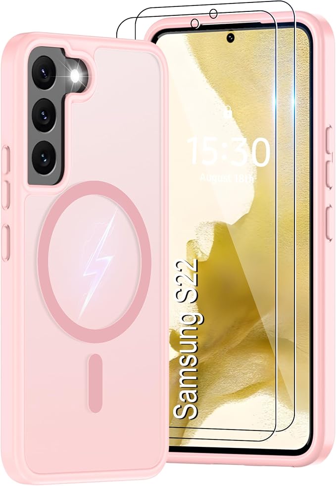 Pilaru for Samsung Galaxy S22 Case [Compatible with Magsafe] Translucent Matte Magnetic Phone Case,Slim Thin Duty Shockproof Protection Cover with 2pc HD Screen Protector-Pink