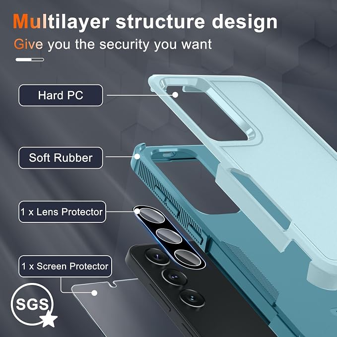 RMOCR Case for Samsung Galaxy S25, Full Body Heavy Duty Rugged Shockproof Protective Phone Cover with Lanyard Strap, Tempered Glass Screen Protector and Camera Lens Cover, Mint Green