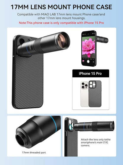 MIAO LAB HD 10X Telephoto Lens & 200mm Macro Lens, 2-in-1 Aluminum Phone Camera Lens Kit with 17mm Lens Thread Interface Mobile Phone case. Phone Lens Attachment Fit for iPhone 15 Pro