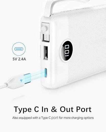VRURC Portable Charger Built in 4 Cables, Slim Power Bank 10000mAh | Multi Devices Charging Bank with Lanyard, USB C Battery Pack for All Cell Phones, Samsung,Android-White(1 Pack)