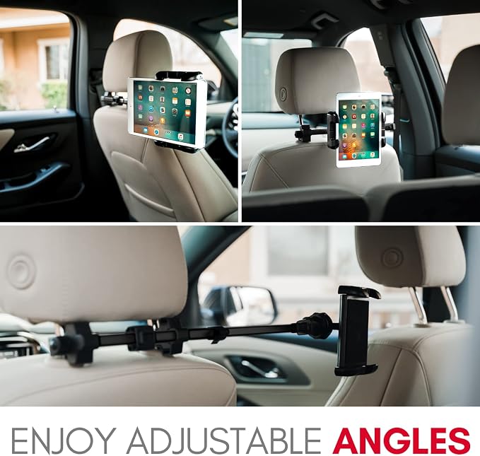 Macally Tablet Holder for Car Headrest - Adjustable iPad Headrest Mount for Car - Super Secure Car iPad Holder Backseat Kids - Fits All 4.7-12.9" Back Seat Devices (iPad Pro/Air/Mini, Nintendo Switch)