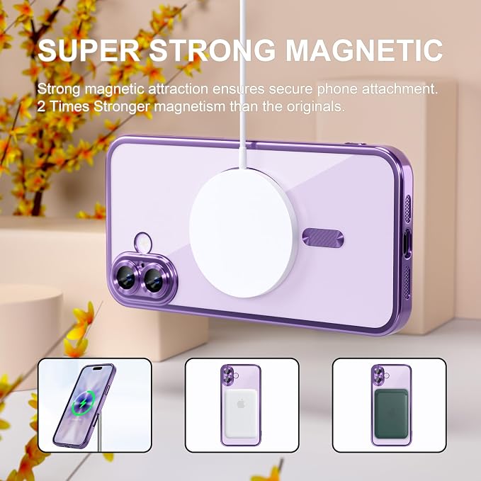 Misea Magnetic for iPhone 17 Case Compatible with MagSafe [Never Yellowing] [Military Grade Drop Protection] Full Camera Lens Protector Plating Soft Clear Phone Case for Women, Lavender Purple
