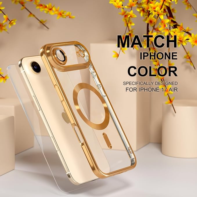 Misea Magnetic for iPhone 17 Air Case Compatible with MagSafe [Never Yellowing] [Military Grade Drop Protection] Full Camera Lens Protector Plating Soft Clear Phone Case for Women, Gold