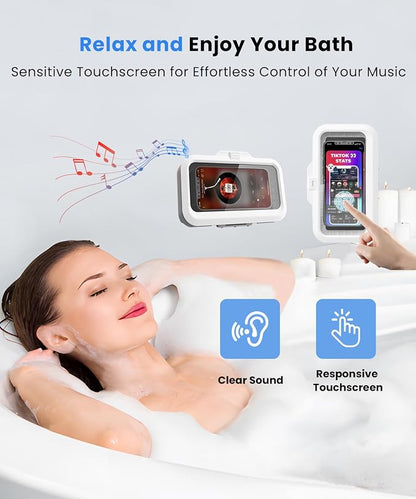 URROY Shower Phone Holder Waterproof One-Touch Open Shower Phone Case Anti-Fog & Sensitive Touchscreen Bathroom Wall Phone Mount Stand Universal Fit for iPhone & Smartphones Gift for Men Women White