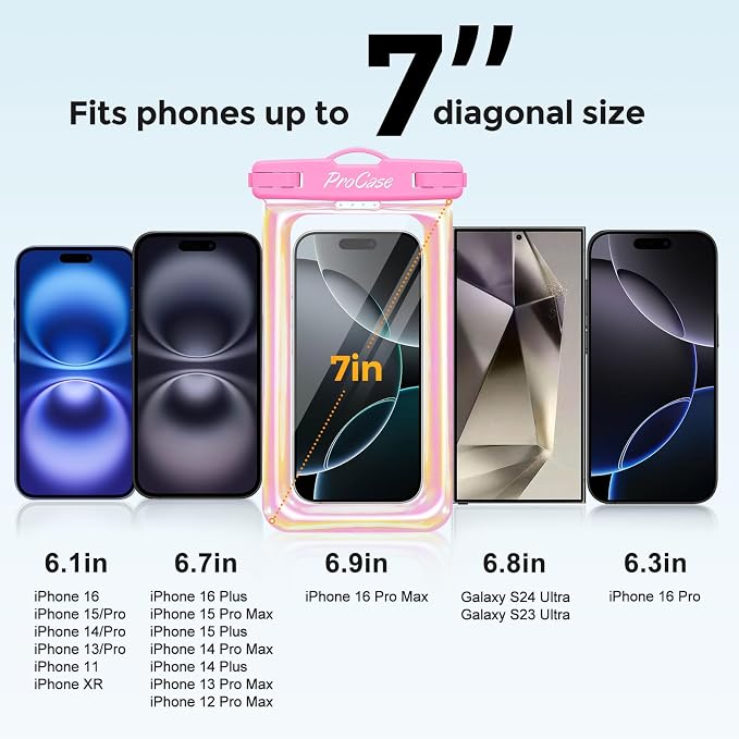 ProCase 2 Pack Floating Waterproof Phone Pouch IPX8, Universal Dry Bag Fits iPhone 17/16/15/14/13 Series,Galaxy S24/S23/S22, Pixel 8/7 (Up to 7”),Touchscreen, Underwater & Snow Protection -Pinkblue