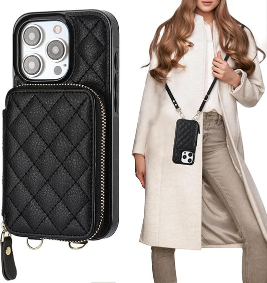 Bocasal Crossbody Wallet Case for iPhone 15 Pro, RFID Blocking PU Leather Zipper Handbag Purse Flip Cover, Kickstand Folio Case with Card Slots Holder Wrist Strap Lanyard 5G 6.1 Inch (Black)