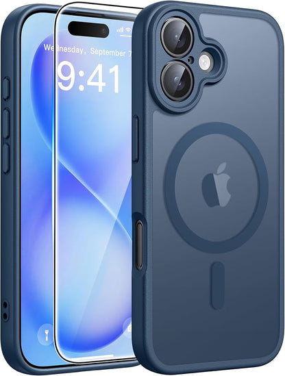 FNTCASE for iPhone 16 Plus Case [Compatible with Magsafe] Translucent Matte Cases with [Screen Protector] Military Grade Shockproof Protective Phone Cover - Blue
