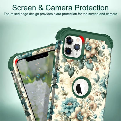 Hocase for iPhone 11 Pro Max Case, Heavy Duty Shockproof Protection Soft Silicone Rubber Bumper+Hard Plastic Hybrid Protective Case for iPhone 11 Pro Max (6.5" Display) 2019 - Teal Blue Flowers