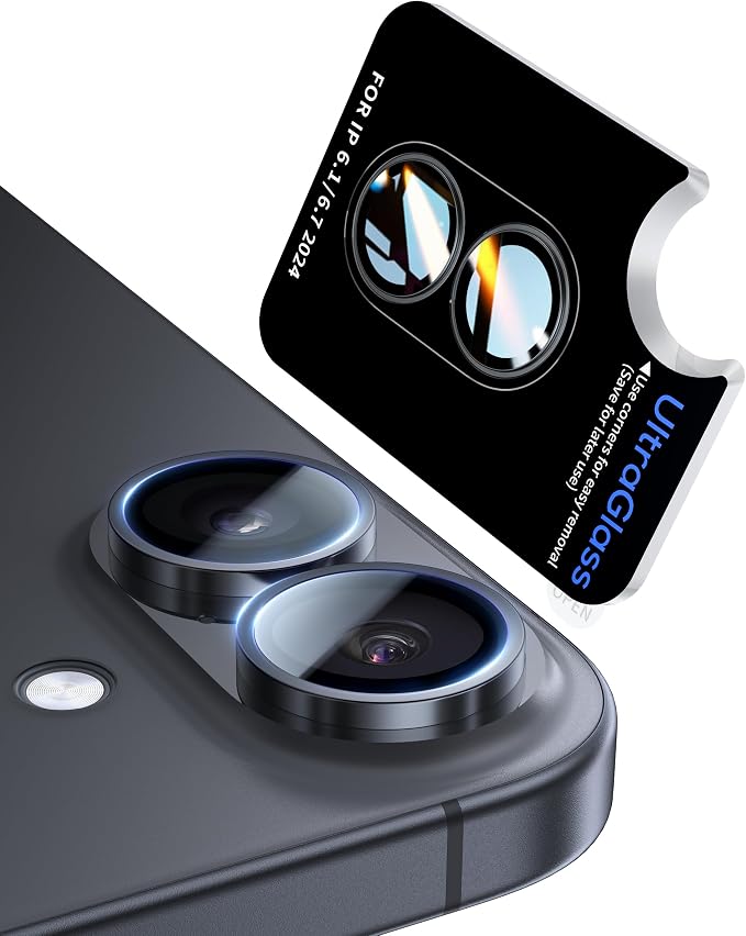 UltraGlass UNBREAK TOP 9H+ Glass for iPhone 16 Camera Lens Protector [Military Grade Shatterproof & Longest Durable] Camera Protector 16/16 Plus Tempered Glass Easy Installation, Black Titanium
