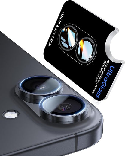 UltraGlass UNBREAK TOP 9H+ Glass for iPhone 16 Camera Lens Protector [Military Grade Shatterproof & Longest Durable] Camera Protector 16/16 Plus Tempered Glass Easy Installation, Black Titanium