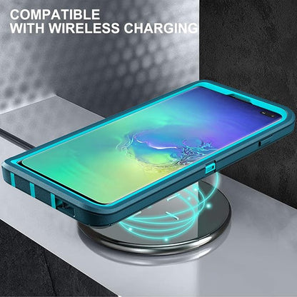 for Samsung Galaxy S10 Plus Case, with 2Pcs [Self Healing Flexible TPU Screen Protector & Camera Lens Protector] Military Grade 3 in 1 Heavy Duty Case for Galaxy S10 Plus (Blue/Turquoise)