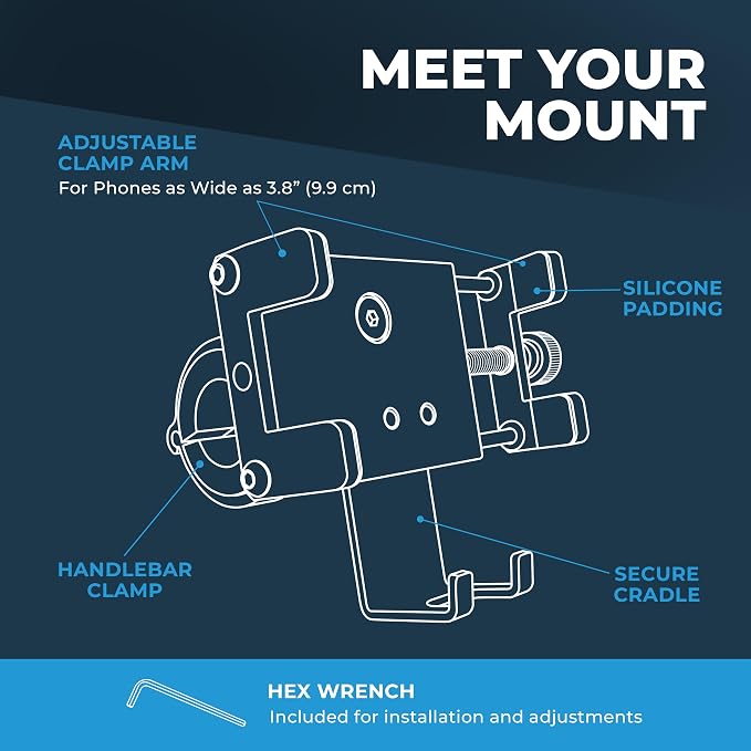 Roam Universal Cell Phone Holder Mount, Adjustable Fit for Smartphones 2" - 3.8" Wide, 7" L x 0.5" H, Hands Free Navigation System for Motorcycle eBike Dirt Bike Road Bike Cruiser Moped Scooter