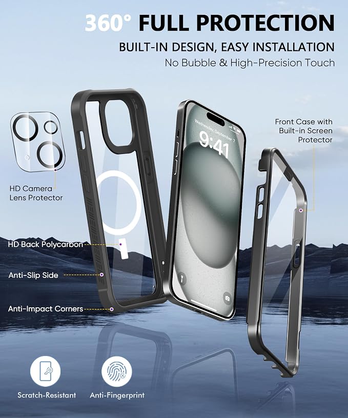 for iPhone 15 Case Full Body, Built-in Screen Protector, with Camera Lens Protector, [Anti-Yellowing] Protective Shockproof Phone Case, Bumper Rugged Cover 6.1 Inch (Black)
