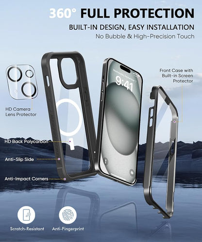 for iPhone 15 Case Full Body, Built-in Screen Protector, with Camera Lens Protector, [Anti-Yellowing] Protective Shockproof Phone Case, Bumper Rugged Cover 6.1 Inch (Black)