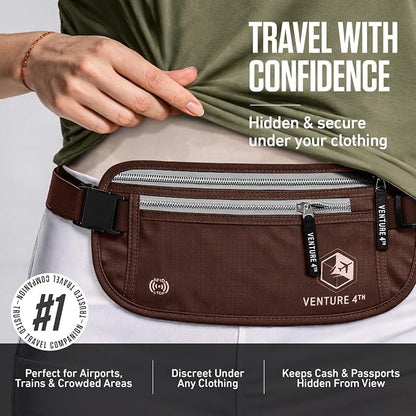VENTURE 4TH Money Belt for Travel – Hidden Under-Clothes RFID Blocking Passport Holder & Slim Travel Wallet Pouch for Men & Women to Protect Cash, Cards & Documents (Brown)