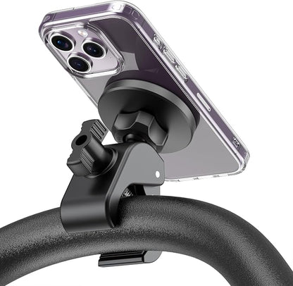 Magnetic Phone Holder Clamp Mount – 20 x N52 Strong Magnet Mount for Gym, Spin Bike (Fits Peloton), Treadmill, Stroller, Golf Cart, Shopping Cart – Compatible with Mag-Safe iPhone 12-17 Series