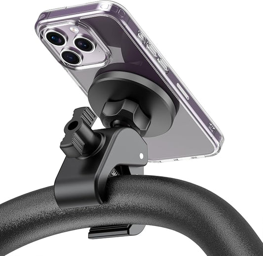 Magnetic Phone Holder Clamp Mount – 20 x N52 Strong Magnet Mount for Gym, Spin Bike (Fits Peloton), Treadmill, Stroller, Golf Cart, Shopping Cart – Compatible with Mag-Safe iPhone 12-17 Series
